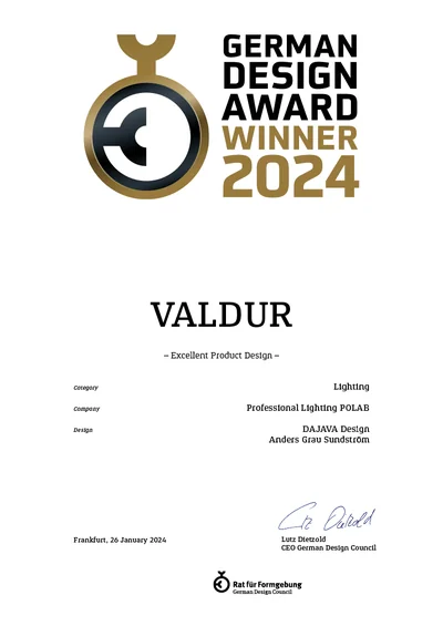 German Design Award Winner 2024 — VALDUR intyg